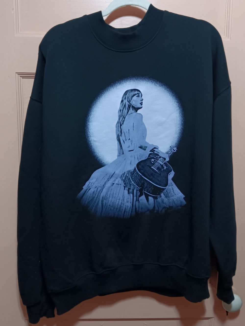 Taylor Swift The Eras Tour Black Crewneck Sweatshirt with White Portrait Graphic